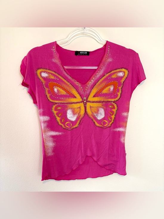 Morgan de Toi Tops - Vintage Y2K Morgan de Toi pink butterfly baby tee shirt